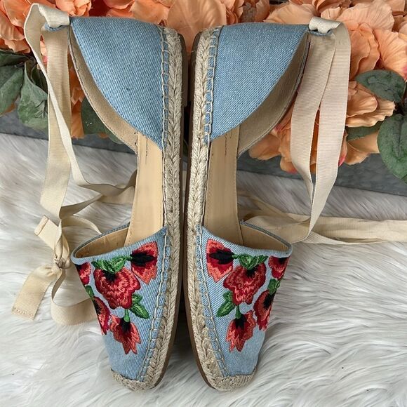 Jessica Simpson Women's Fippo Denim Floral Embroidered Lace Up Flats Size 10 - Picture 4 of 9